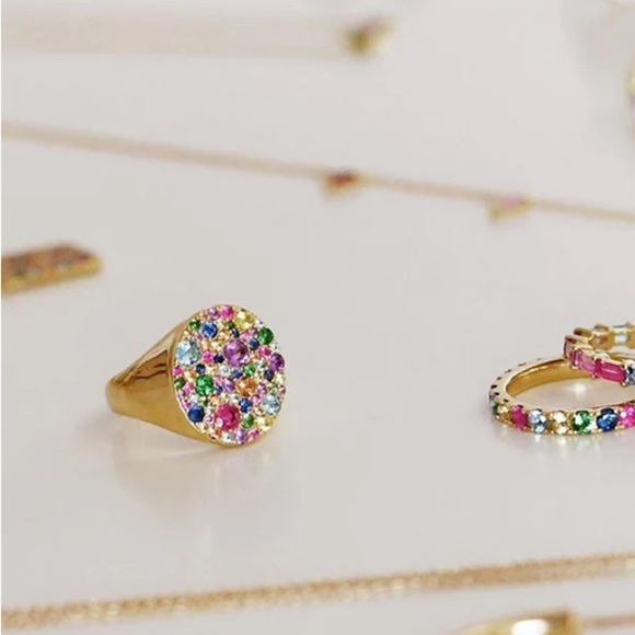 Gold Multicolor Gemstone Signet Ring – Size 8 - Picture 1 of 7